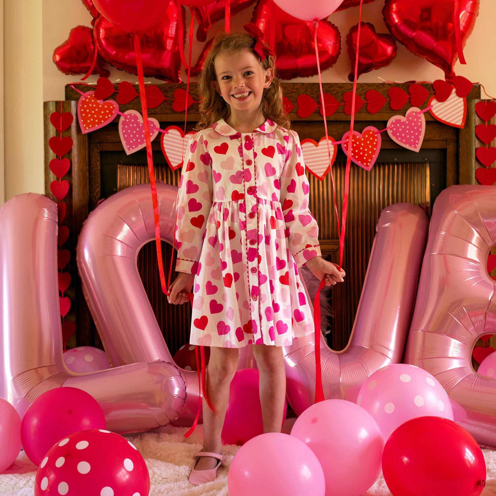 Rachel Riley London Girls Pink Scatter Hearts Button Front Dress