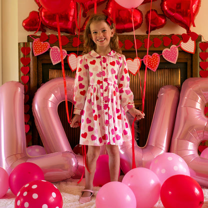 Rachel Riley London Girls Pink Scatter Hearts Button Front Dress by Rachel Riley