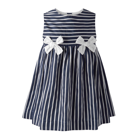 Rachel Riley London Girls Nautical Navy Blue Striped Bow Dress by Rachel Riley