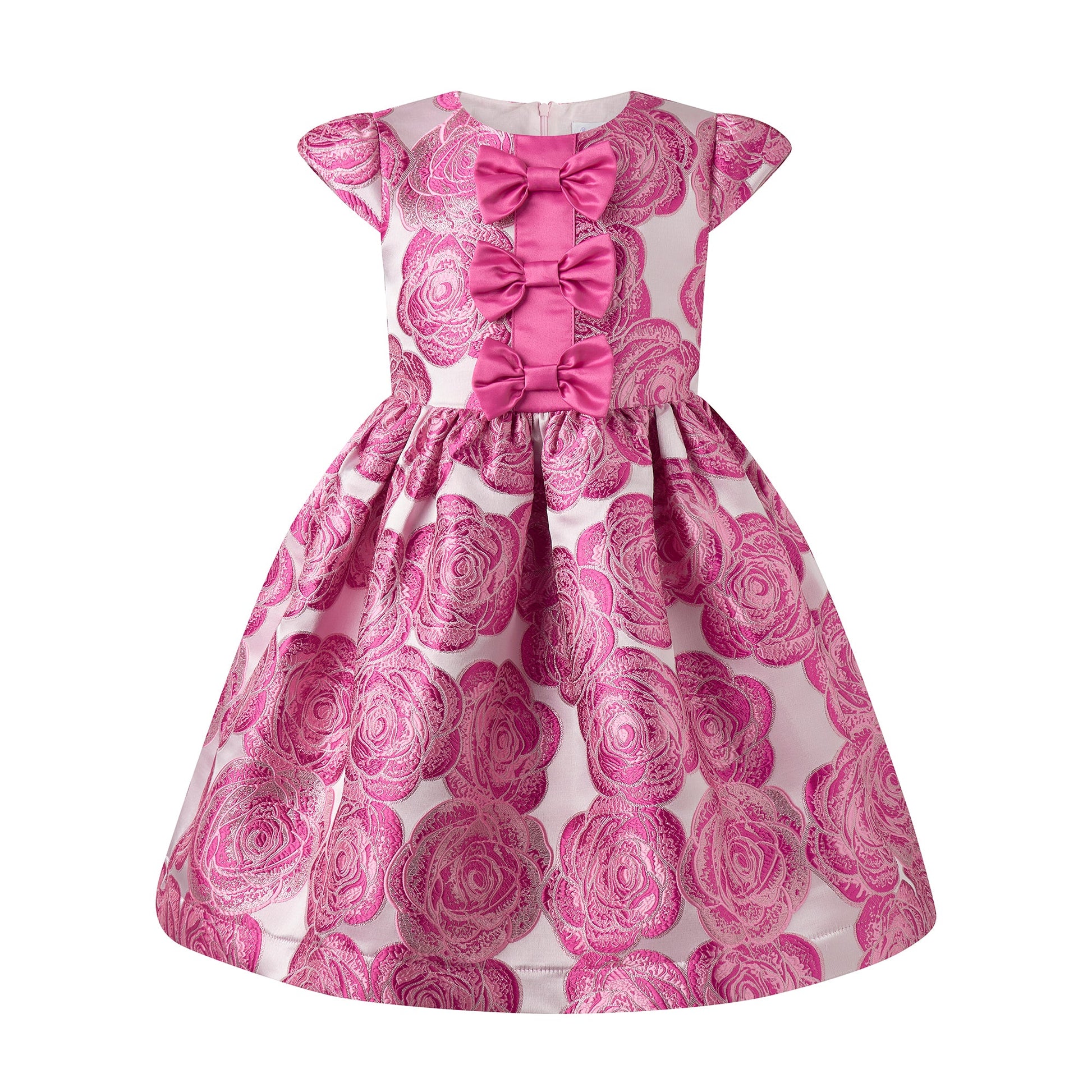 Rachel Riley London Girls Pink Rose Damask Party Dress with Bows