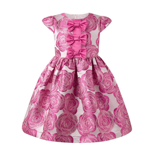 Rachel Riley London Girls Pink Rose Damask Party Dress with Bows by Rachel Riley