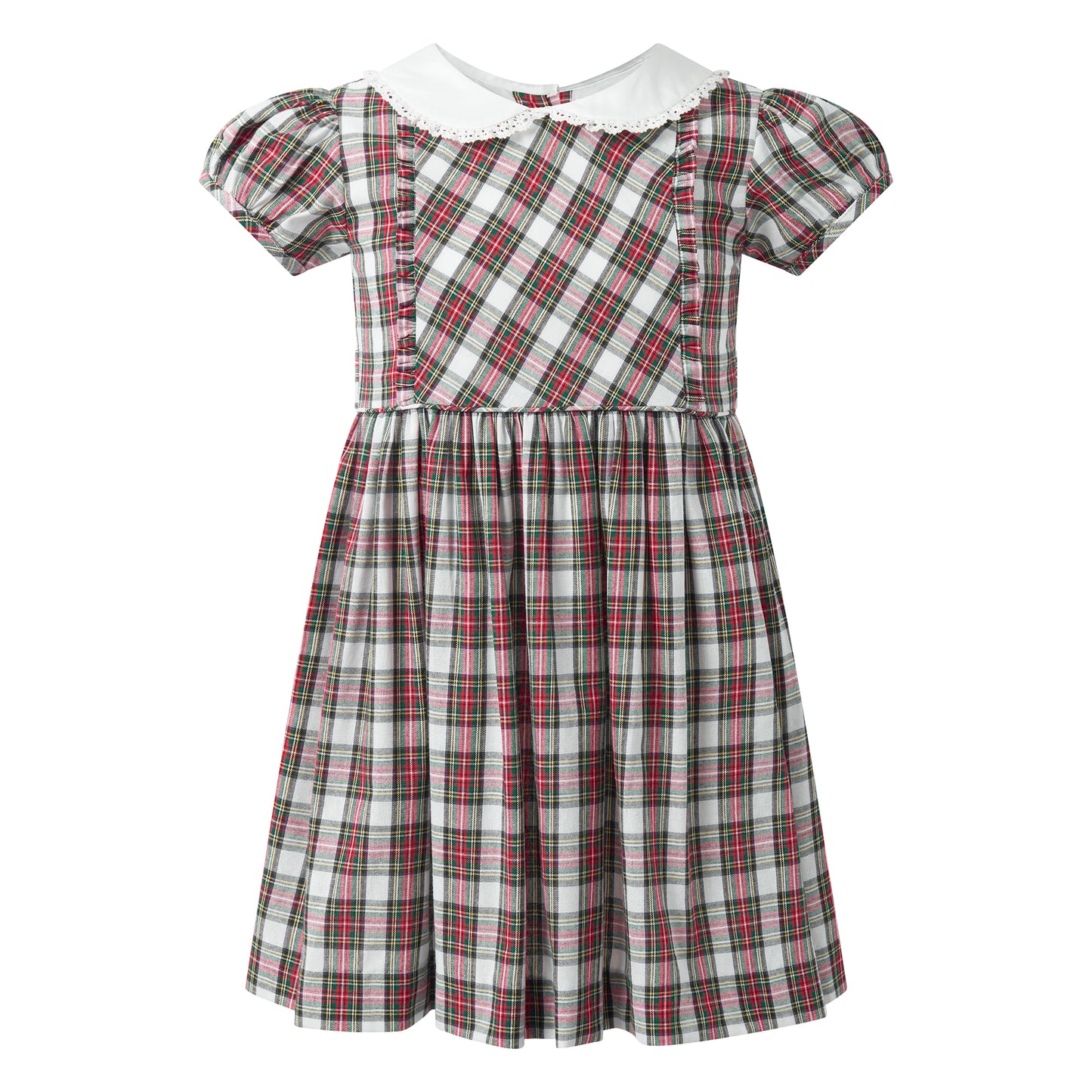 Rachel Riley Girls Green & Red Holiday Tartan Plaid Dress - White Collar
