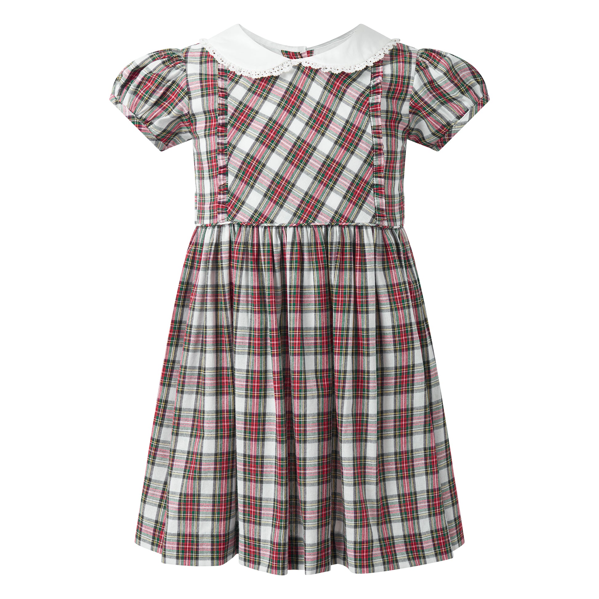 Rachel Riley Girls Green & Red Holiday Tartan Plaid Dress - White Collar