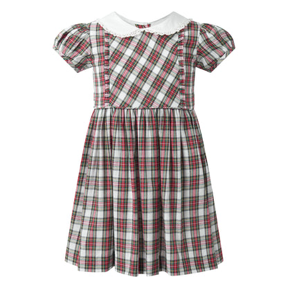 Rachel Riley Girls Green & Red Holiday Tartan Plaid Dress - White Collar