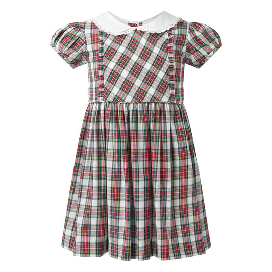 Rachel Riley Girls Green & Red Holiday Tartan Plaid Dress - White Collar