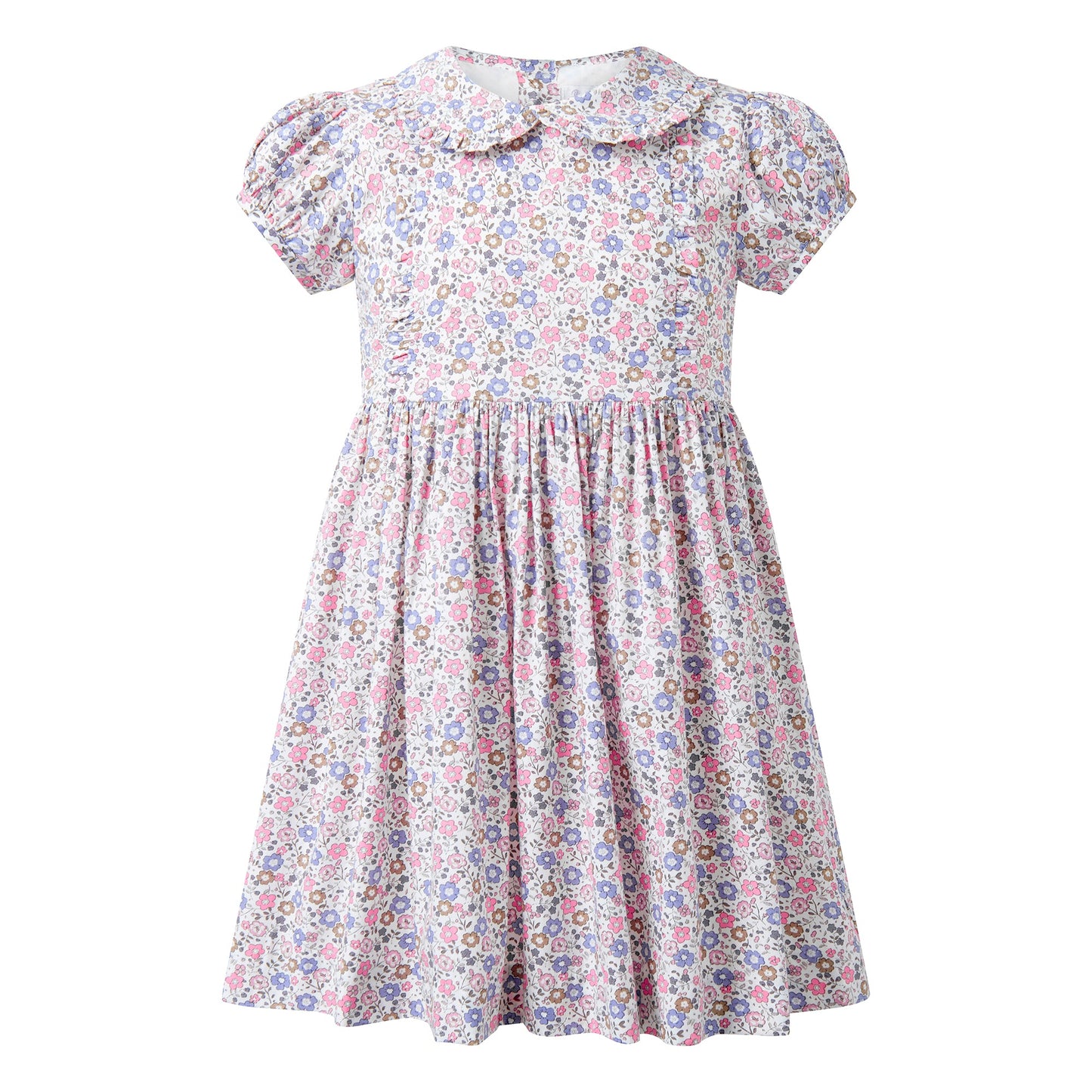 Rachel Riley London Girls Pink & Blue Floral Frill Front Dress by Rachel Riley