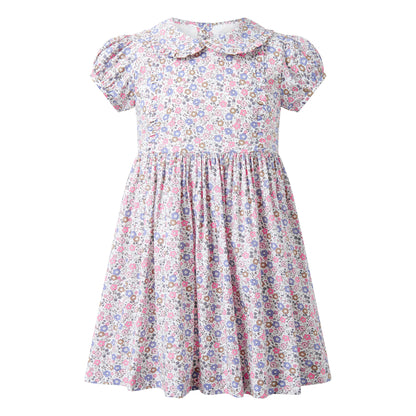 Rachel Riley London Girls Pink & Blue Floral Frill Front Dress by Rachel Riley