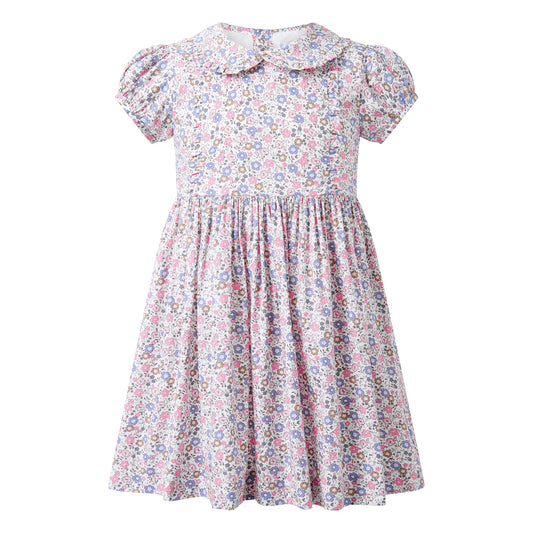 Rachel Riley London Girls Pink & Blue Floral Frill Front Dress by Rachel Riley