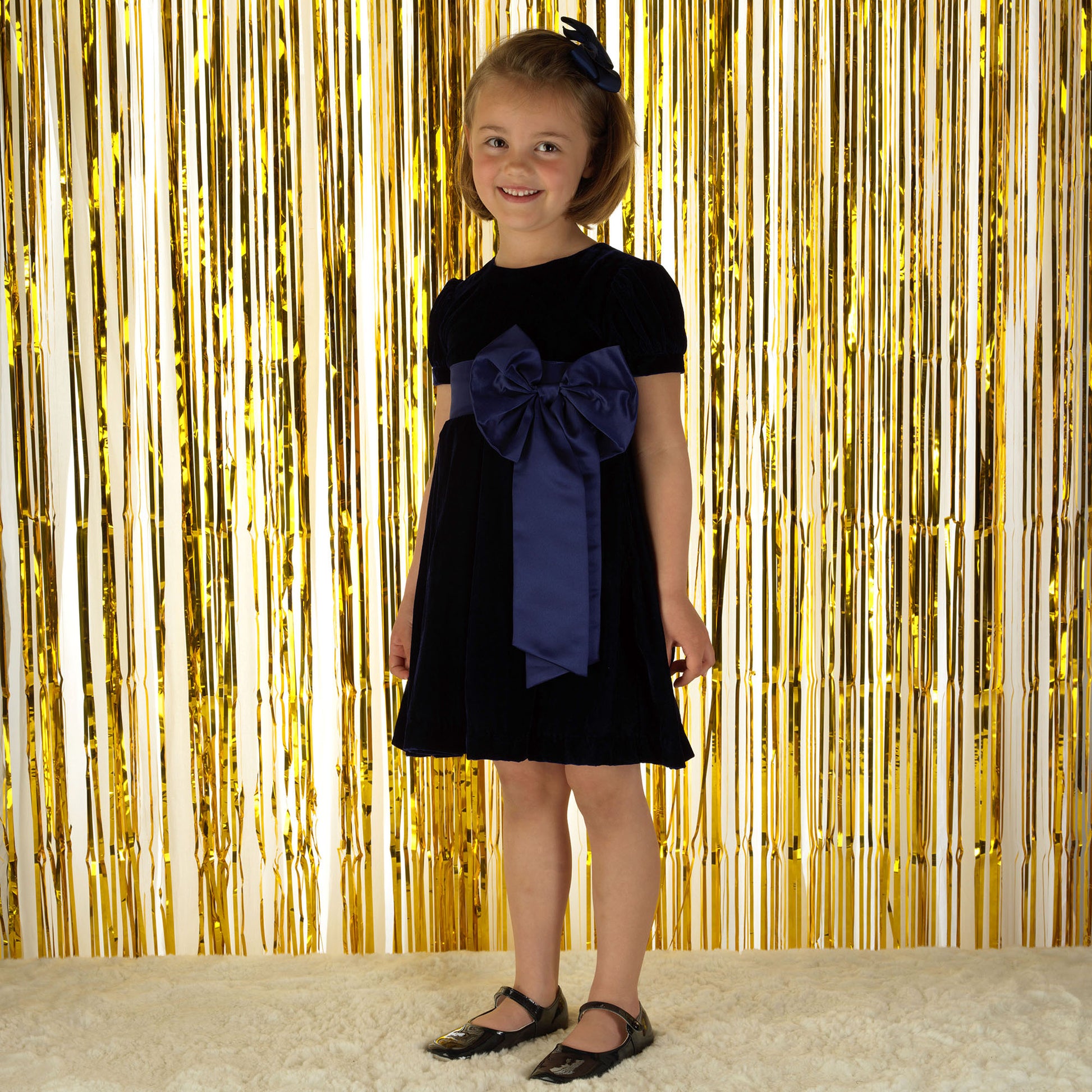 Rachel Riley London Girls Crushed Velvet Holiday Bow Dress - Navy Blue