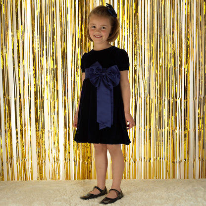 Rachel Riley London Girls Crushed Velvet Holiday Bow Dress - Navy Blue by Rachel Riley