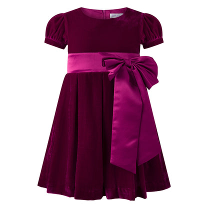 Rachel Riley London Girls Crushed Velvet Holiday Bow Dress - Fuchsia by Rachel Riley