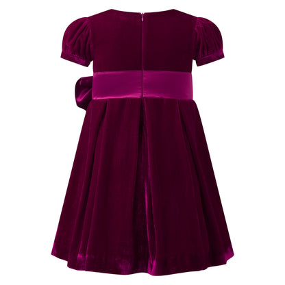 Rachel Riley London Girls Crushed Velvet Holiday Bow Dress - Fuchsia by Rachel Riley