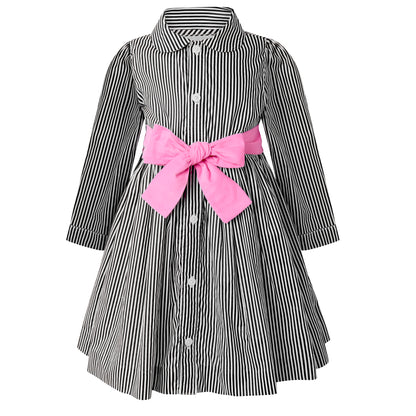 Rachel Riley London Girls Black Striped Shirt Dress - Hot Pink Sash by Rachel Riley