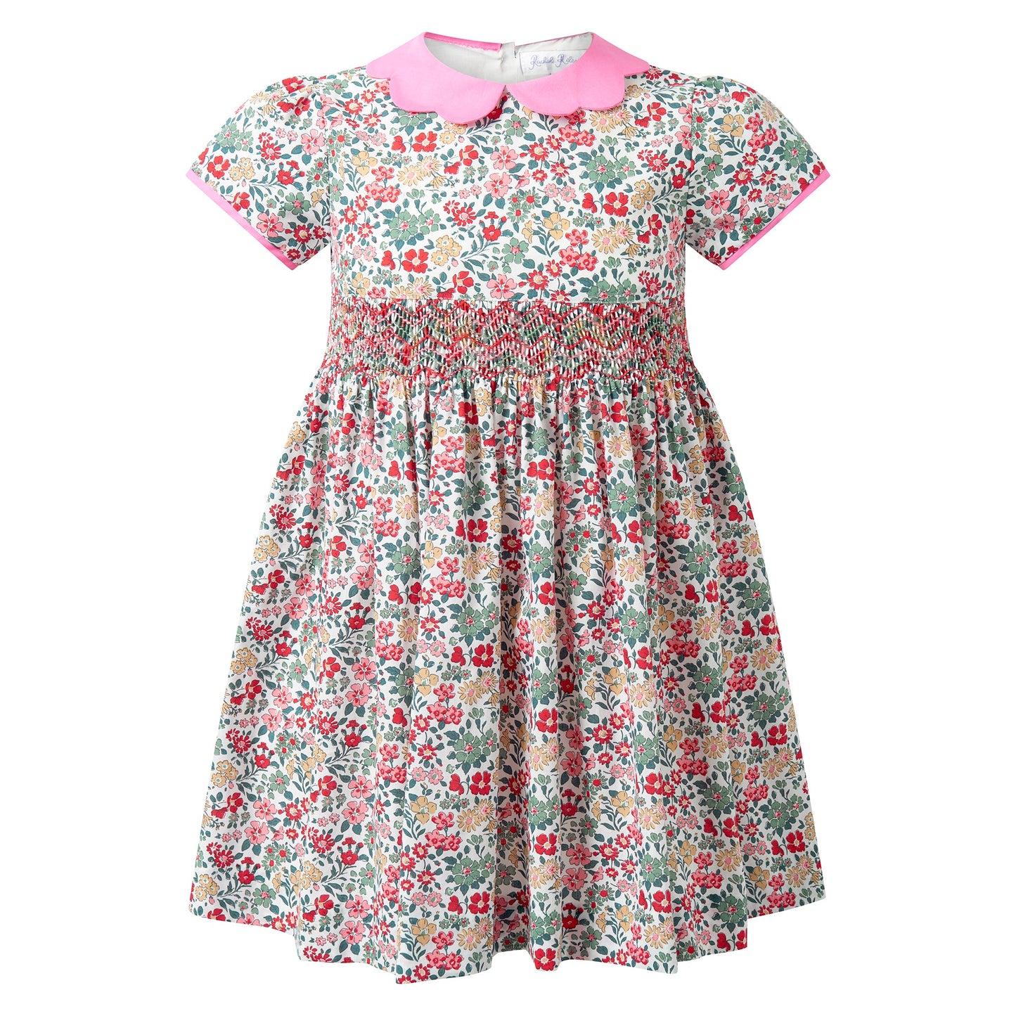 Rachel Riley London Girls Pink Floral Smocked Dress - Scallop Petal Collar by Rachel Riley