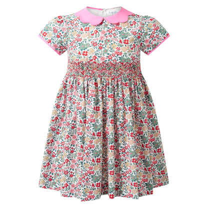 Rachel Riley London Girls Pink Floral Smocked Dress - Scallop Petal Collar by Rachel Riley