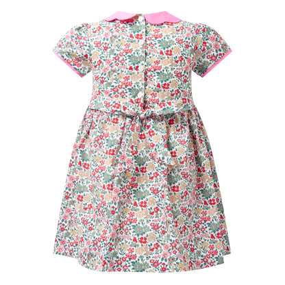 Rachel Riley London Girls Pink Floral Smocked Dress - Scallop Petal Collar by Rachel Riley