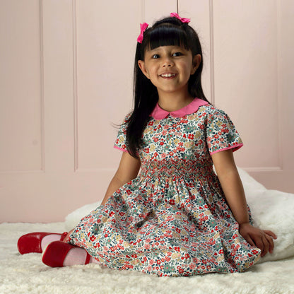 Rachel Riley London Girls Pink Floral Smocked Dress - Scallop Petal Collar by Rachel Riley