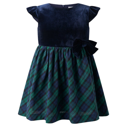 Rachel Riley London Girls Navy Blue & Green Blackwatch Plaid Velvet Party Dress by Rachel Riley