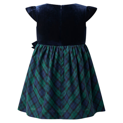 Rachel Riley London Girls Navy Blue & Green Blackwatch Plaid Velvet Party Dress by Rachel Riley