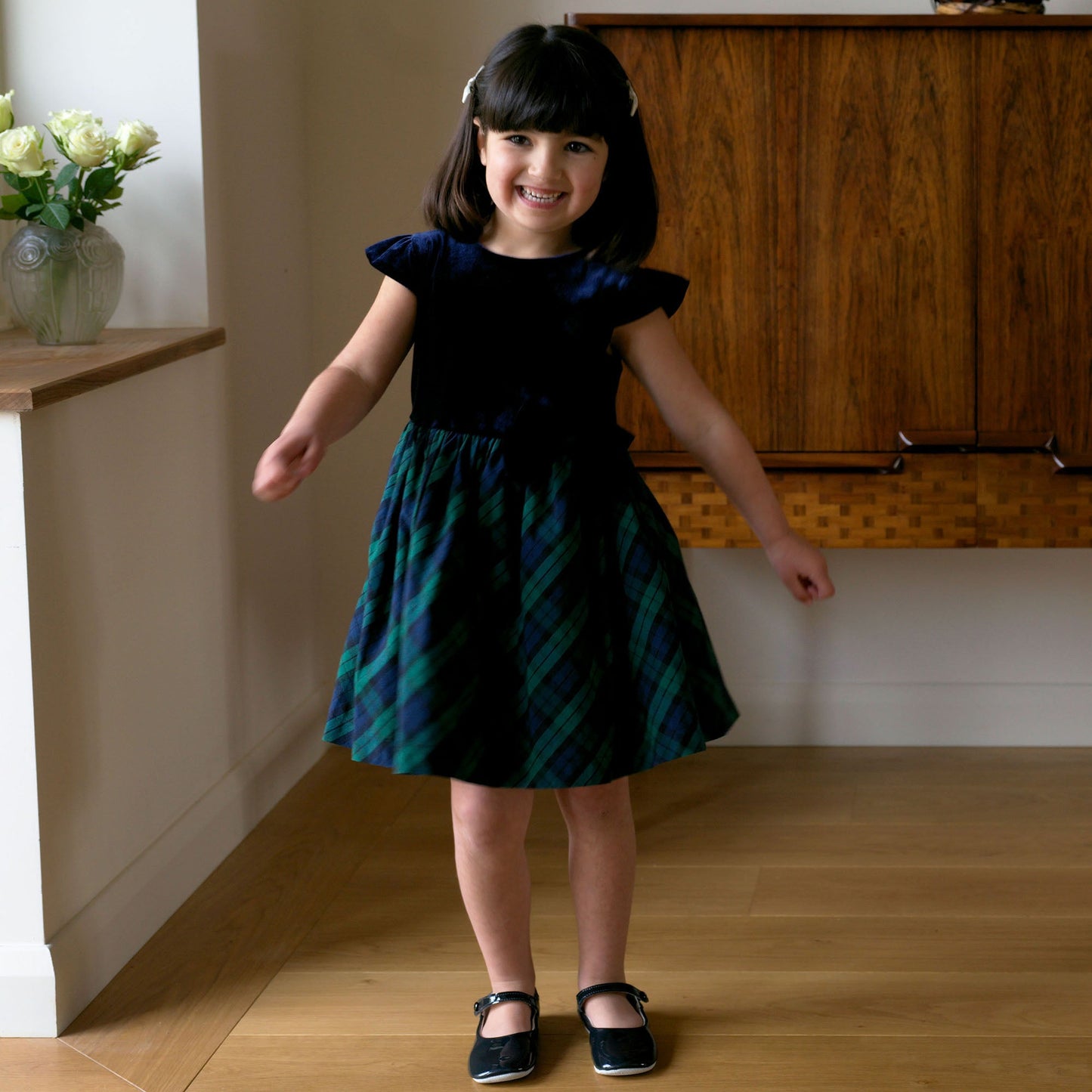 Rachel Riley London Girls Navy Blue & Green Blackwatch Plaid Velvet Party Dress by Rachel Riley