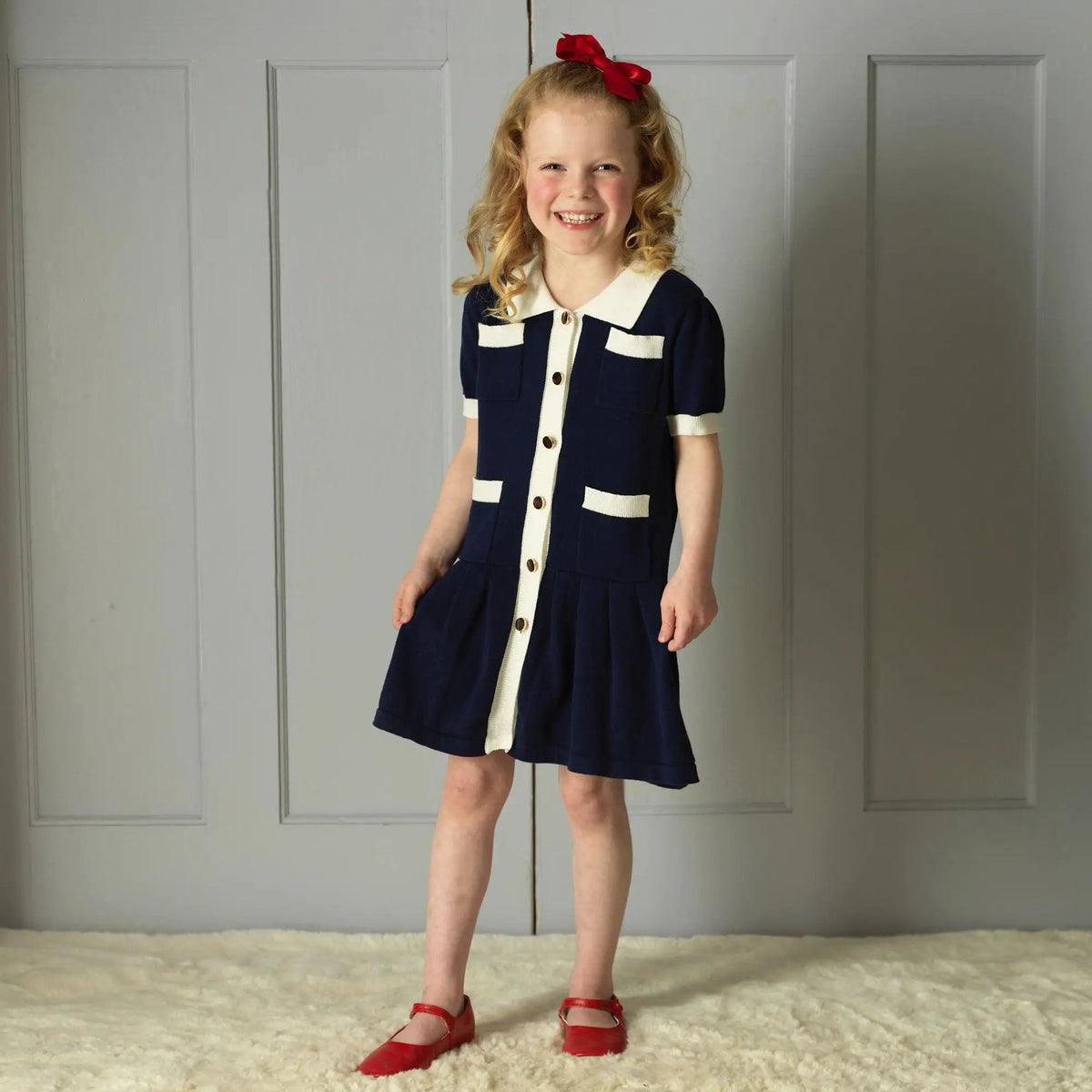 Rachel Riley London Girls Navy Blue Knit Pleated Dress by Rachel Riley