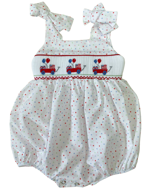 LuLu BeBe Baby Girls Gigi Bubble - Patriotic Dots Smocked Wagons with Flags & Balloons