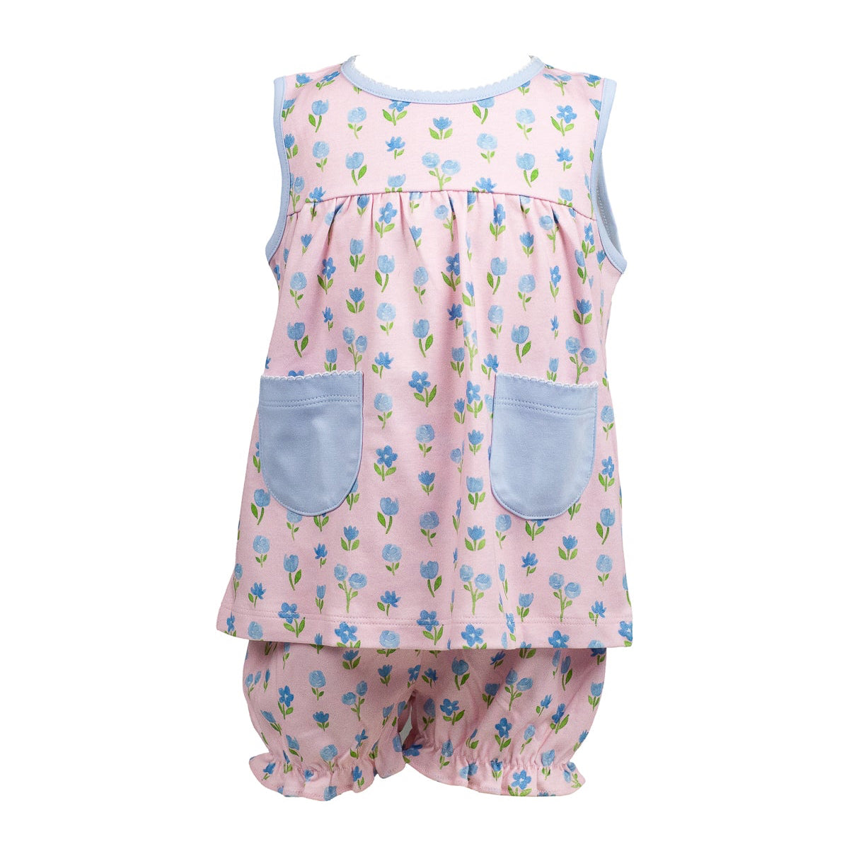 Proper Peony Pima Girls Pink Gardenia Bloomers Set - Blue Pockets by Proper Peony