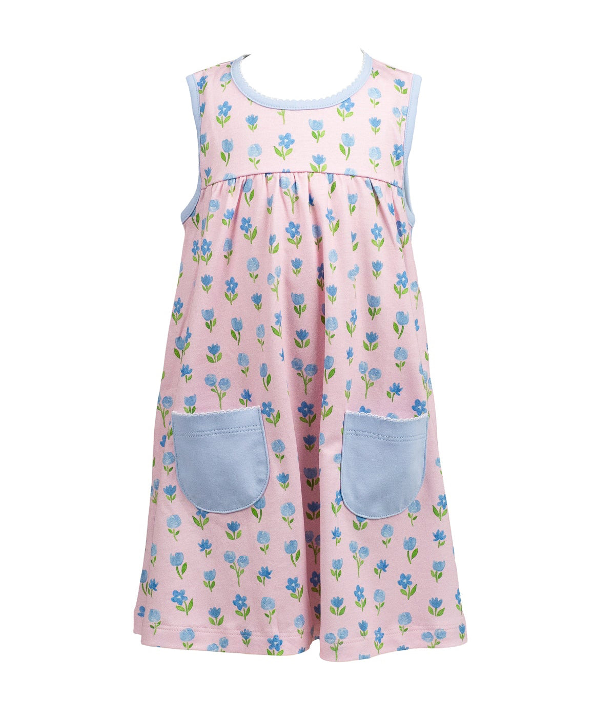 Proper Peony Pima Girls Pink Gardenia Sleeveless Dress - Blue Pockets by Proper Peony