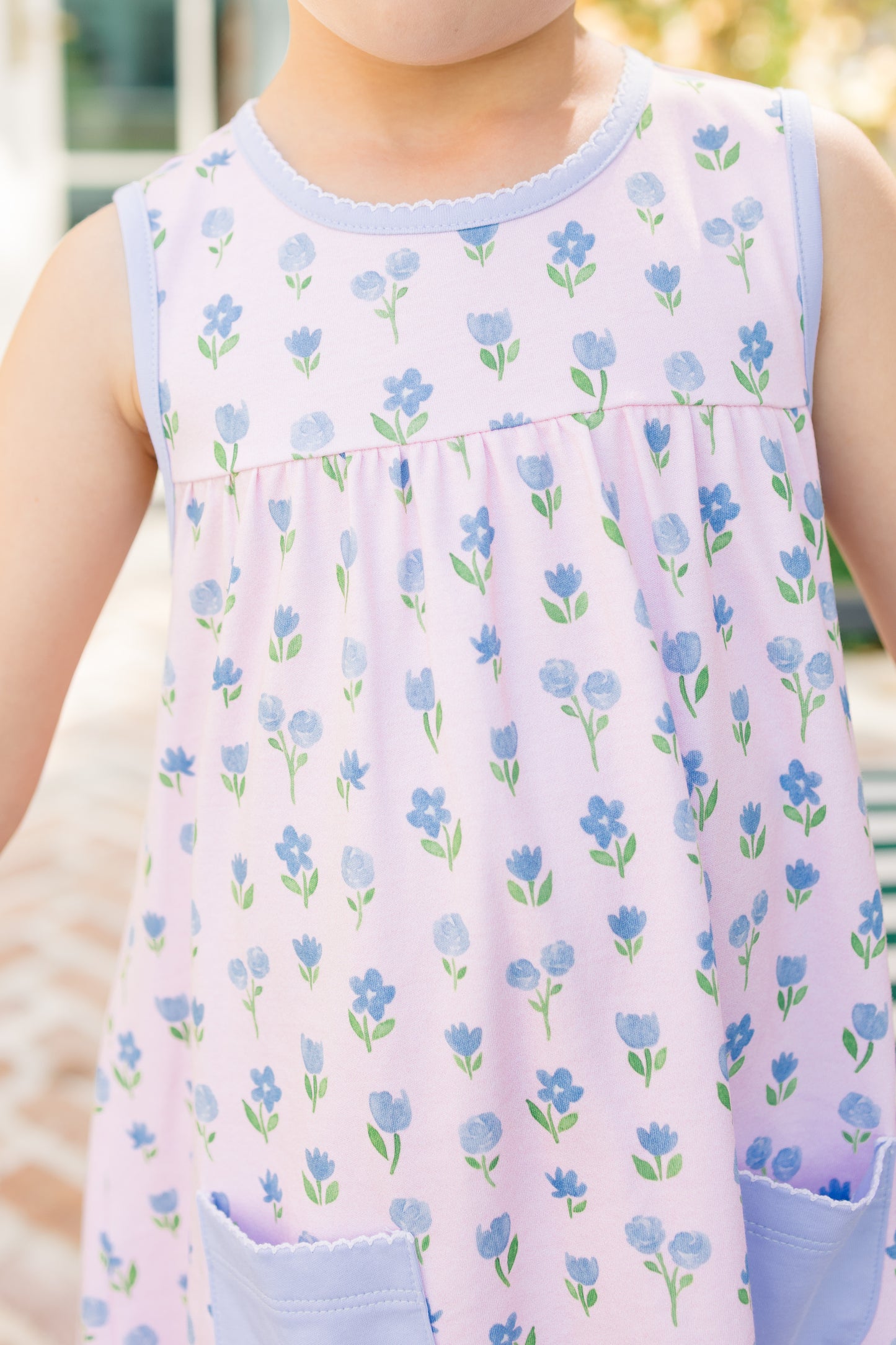 Proper Peony Pima Girls Pink Gardenia Sleeveless Dress - Blue Pockets by Proper Peony