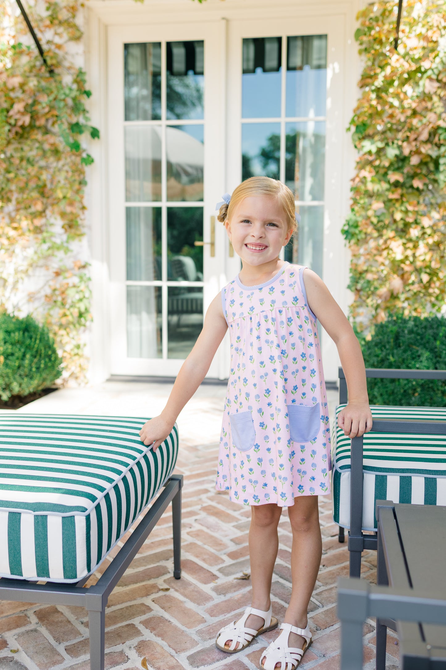 Proper Peony Pima Girls Pink Gardenia Sleeveless Dress - Blue Pockets by Proper Peony