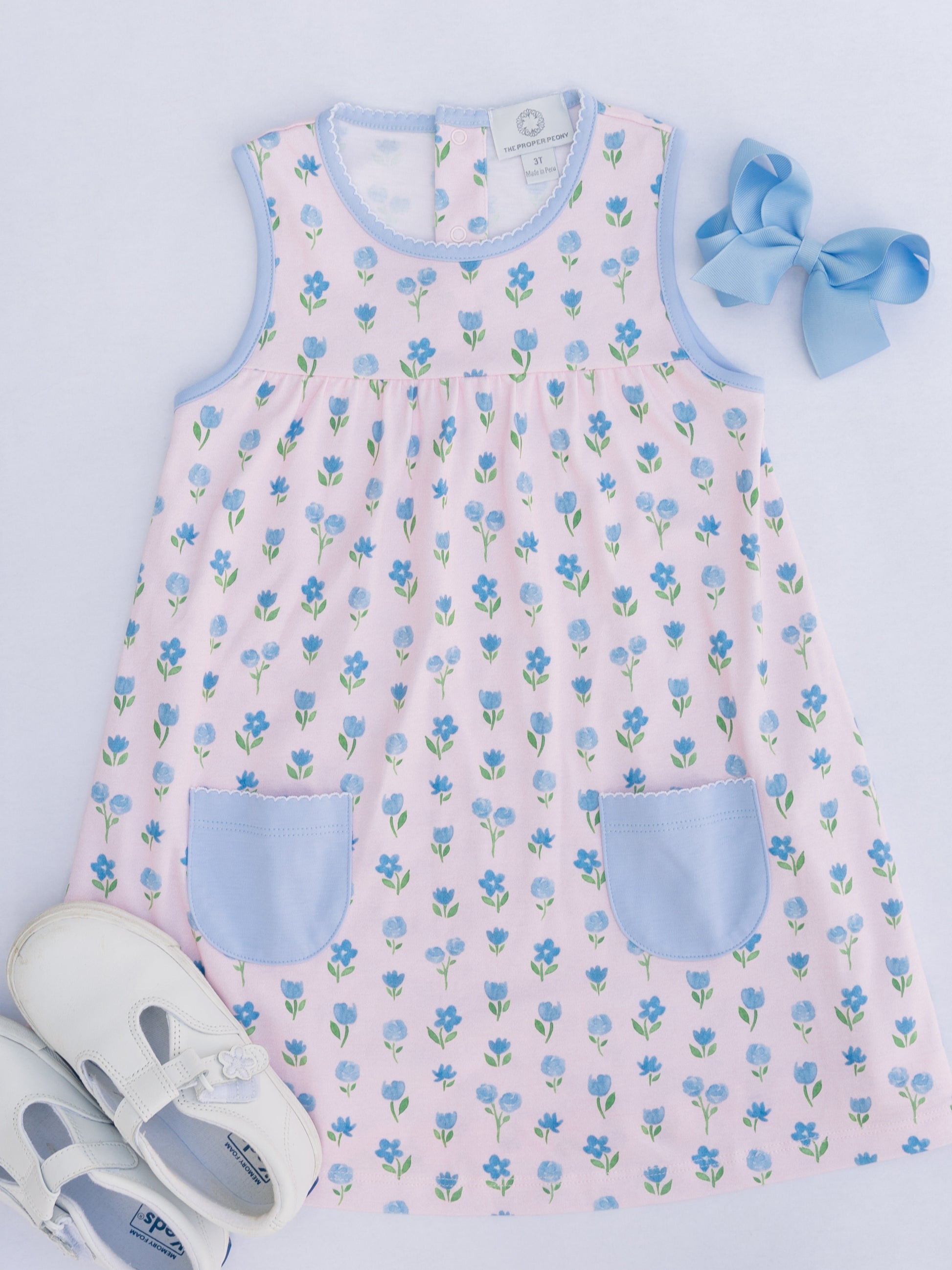 Proper Peony Pima Girls Pink Gardenia Sleeveless Dress - Blue Pockets