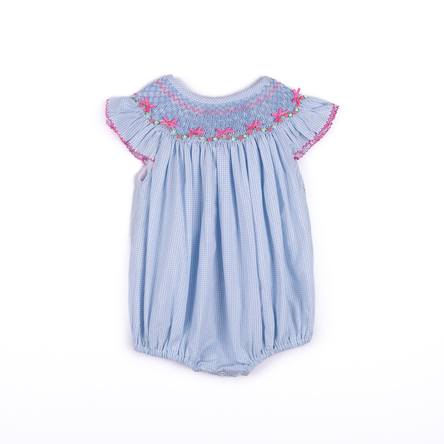 Shop Teeta Girls Blue Gingham Hallie Bubble - Smocked with Pink Georgia Bows by Shop Teeta