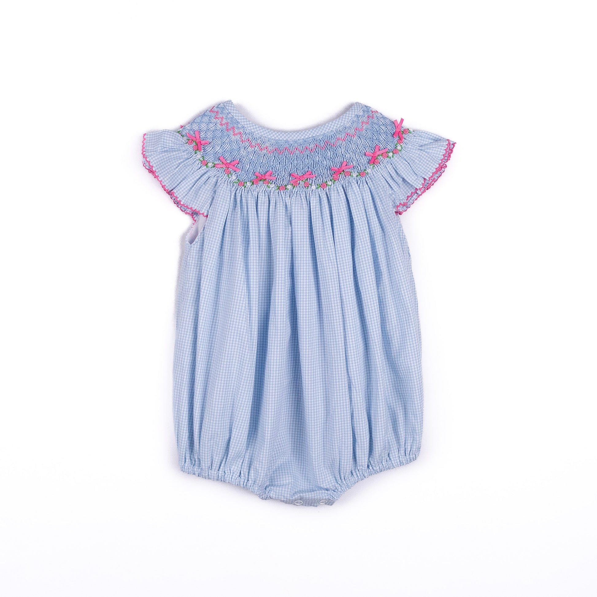 Shop Teeta Girls Blue Gingham Hallie Bubble - Smocked with Pink Georgia Bows