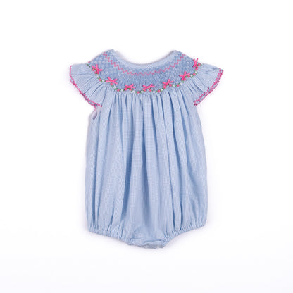 Shop Teeta Girls Blue Gingham Hallie Bubble - Smocked with Pink Georgia Bows by Shop Teeta