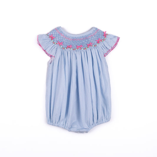 Shop Teeta Girls Blue Gingham Hallie Bubble - Smocked with Pink Georgia Bows by Shop Teeta