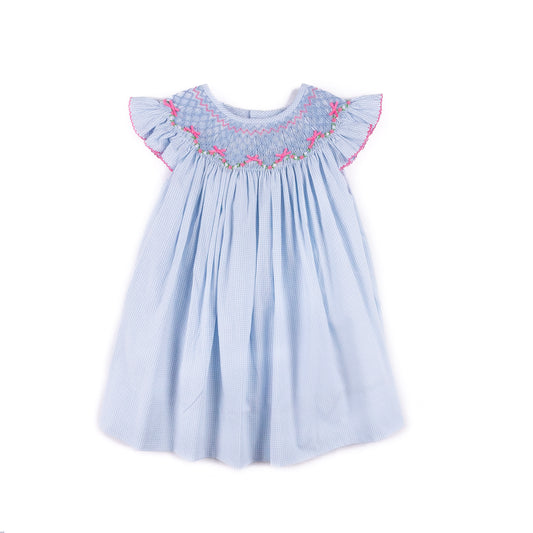 Shop Teeta Girls Blue Gingham Kate Dress - Smocked with Pink Georgia Bows by Shop Teeta