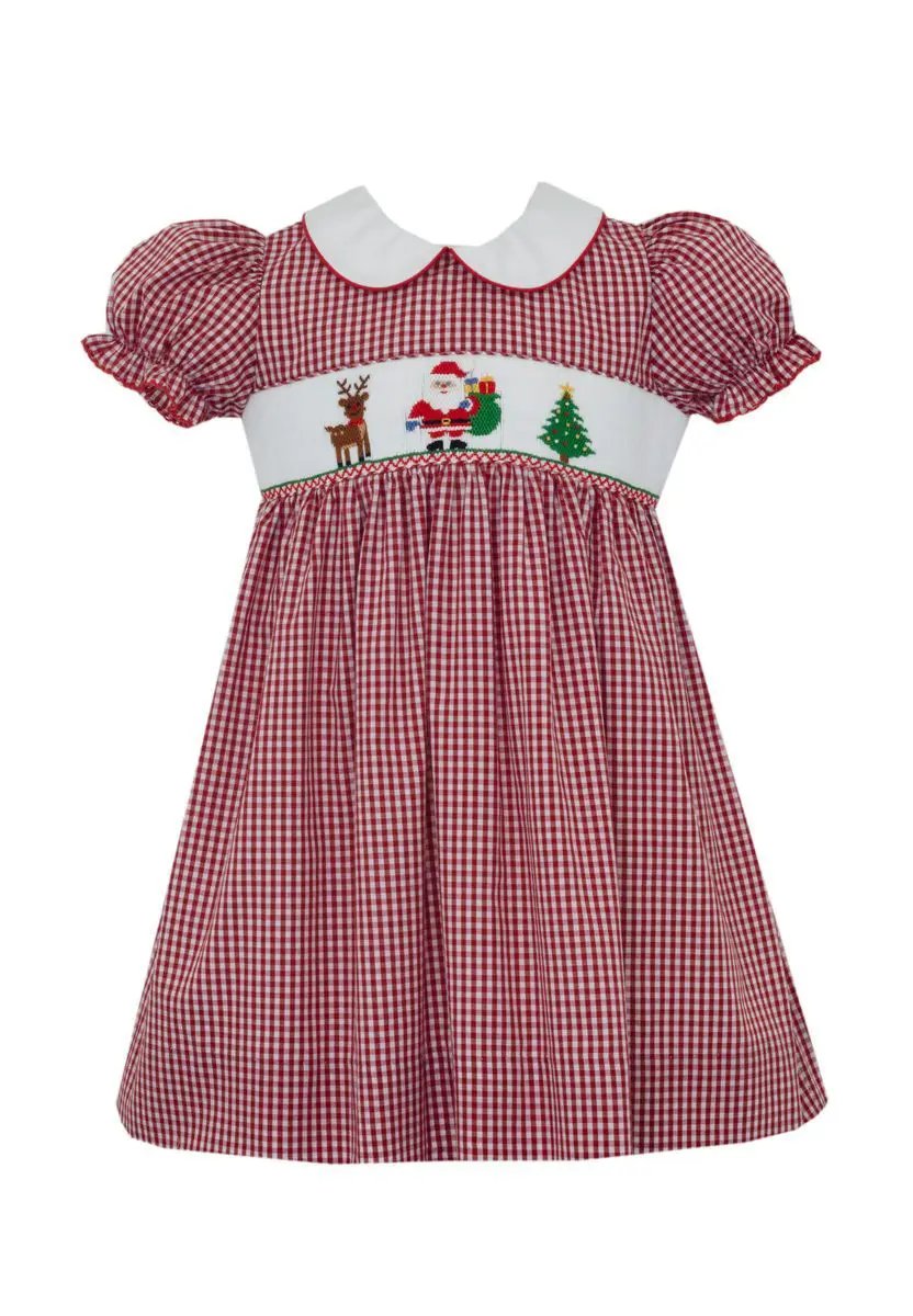 Anavini Girls Red Gingham Santa Short Sleeve Dress by Anavini