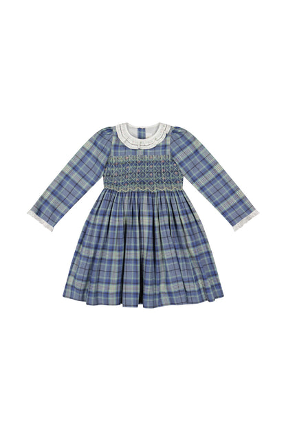 Antoinette Paris Girls Blue Plaid Smocked Heidi Dress - White Collar