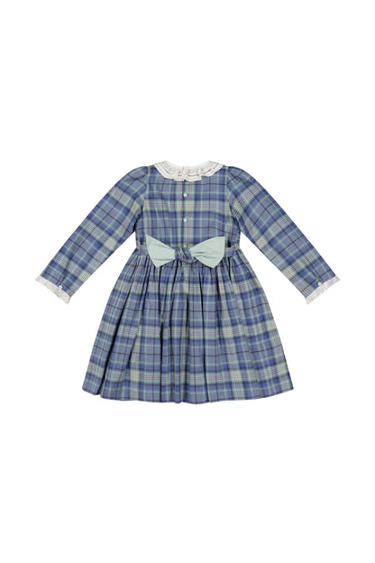 Antoinette Paris Girls Blue Plaid Smocked Heidi Dress - White Collar