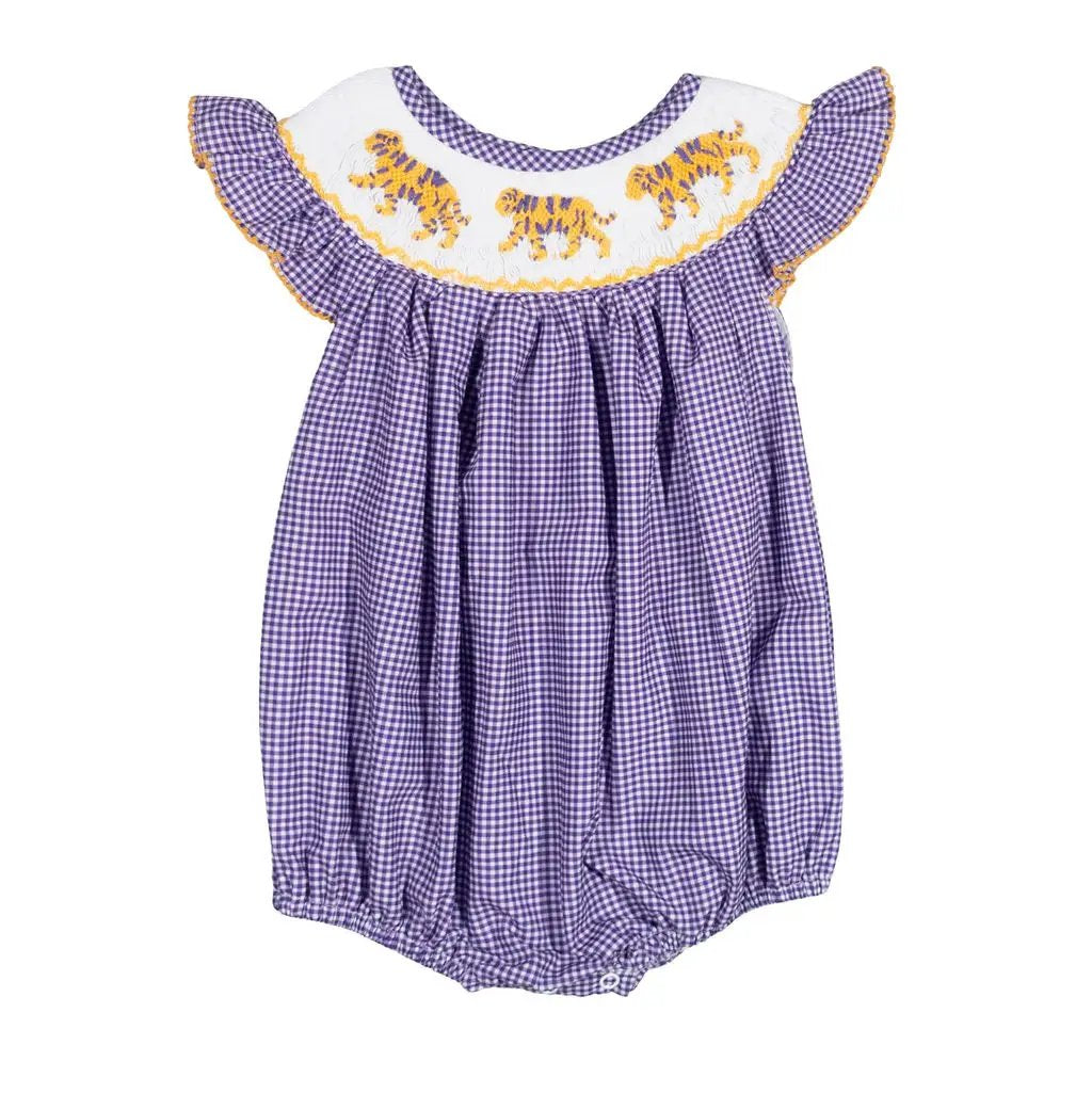 Shop Teeta Girls Hallie Bubble - Purple Gingham with Smocked LSU Tigers