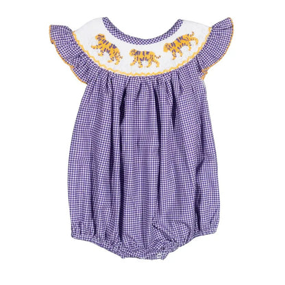 Shop Teeta Girls Hallie Bubble - Purple Gingham with Smocked LSU Tigers