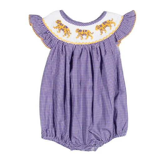 Shop Teeta Girls Hallie Bubble - Purple Gingham with Smocked LSU Tigers