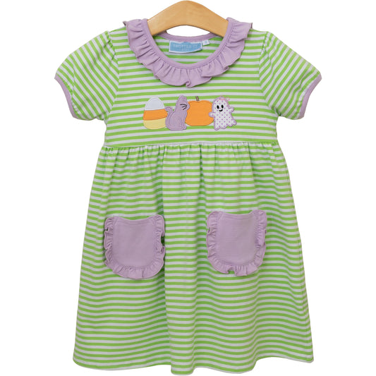 Trotter Street Kids Girls Green Stripe Pocket Dress - Halloween Theme