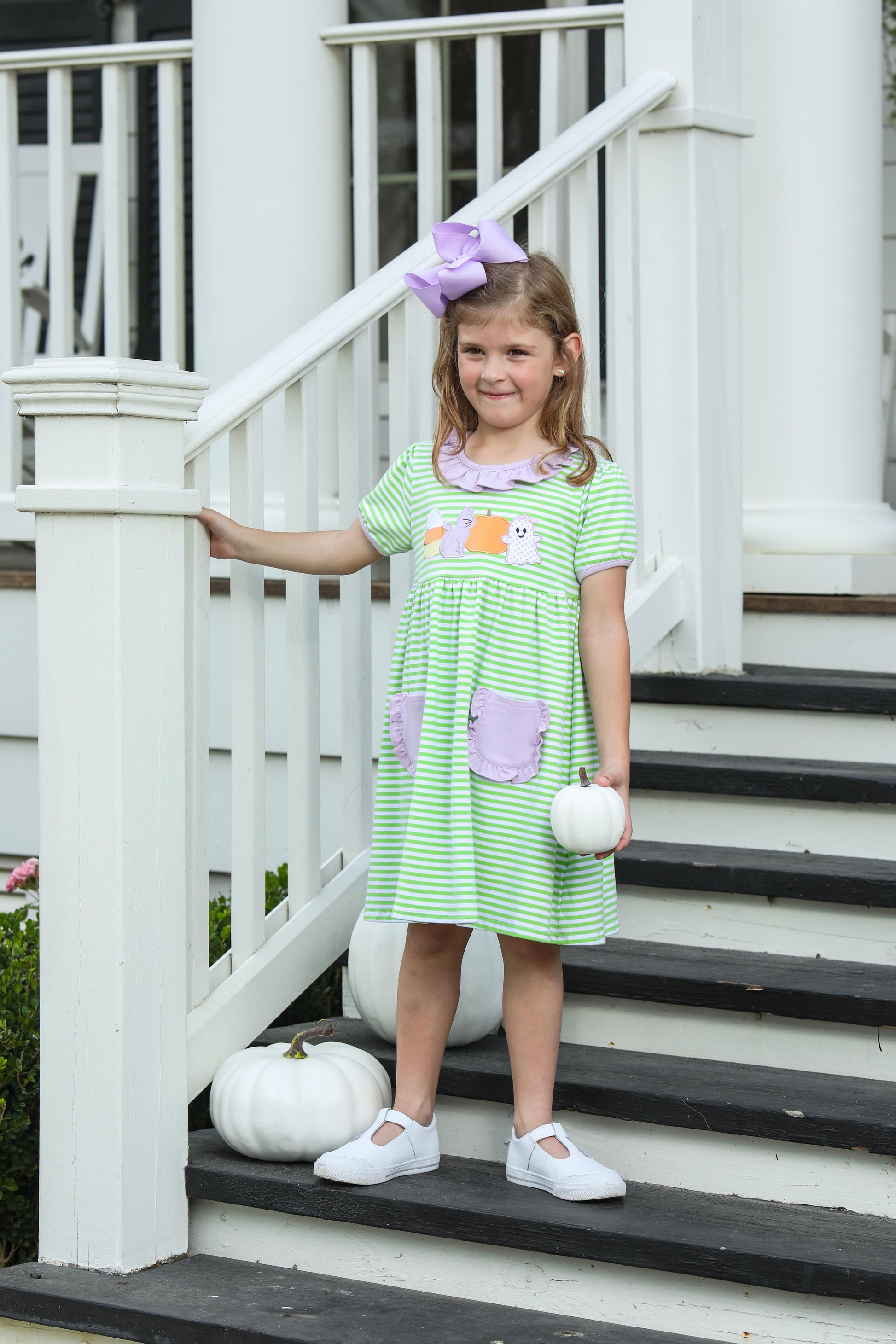 Trotter Street Kids Girls Green Stripe Pocket Dress - Halloween Theme