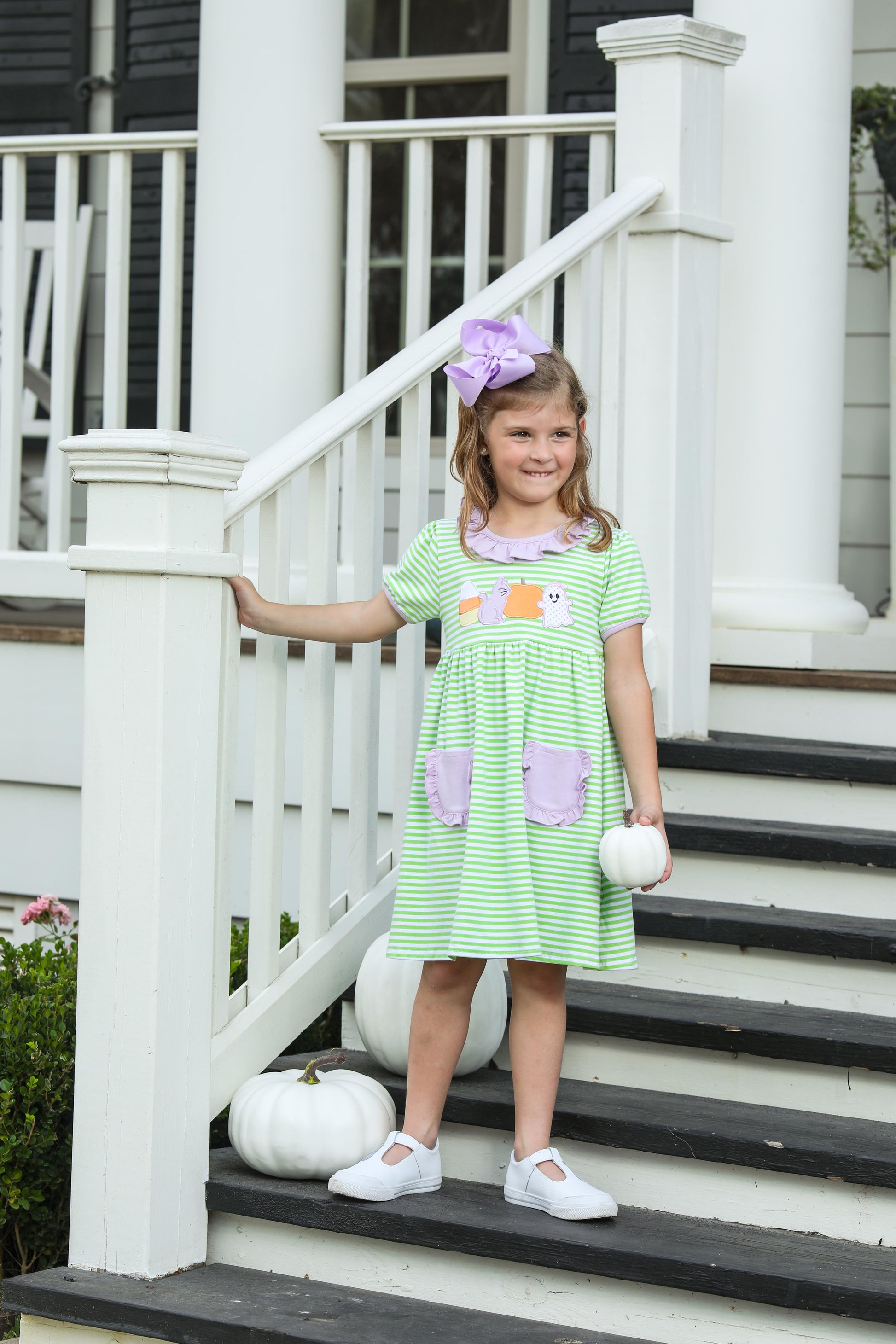 Trotter Street Kids Girls Green Stripe Pocket Dress - Halloween Theme