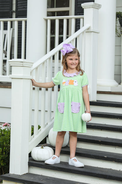 Trotter Street Kids Girls Green Stripe Pocket Dress - Halloween Theme