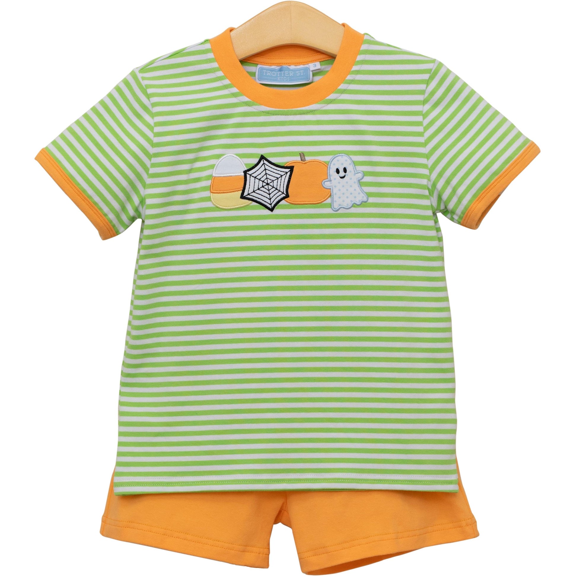 Trotter Street Kids Boys Orange Shorts with Green Halloween Shirt
