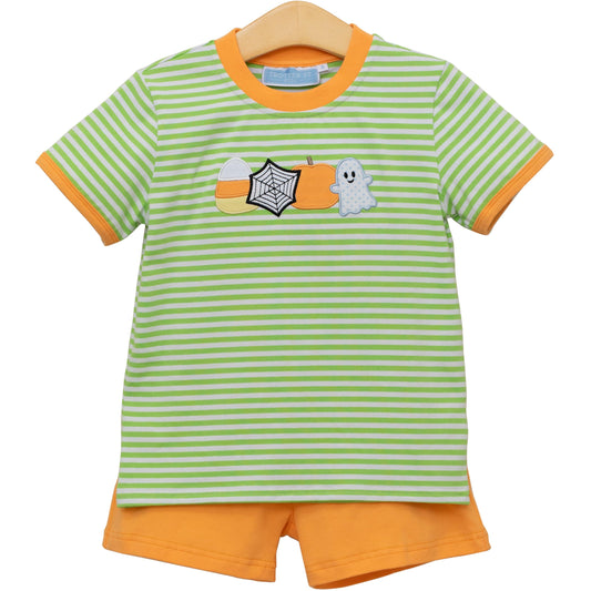 Trotter Street Kids Boys Orange Shorts with Green Halloween Shirt