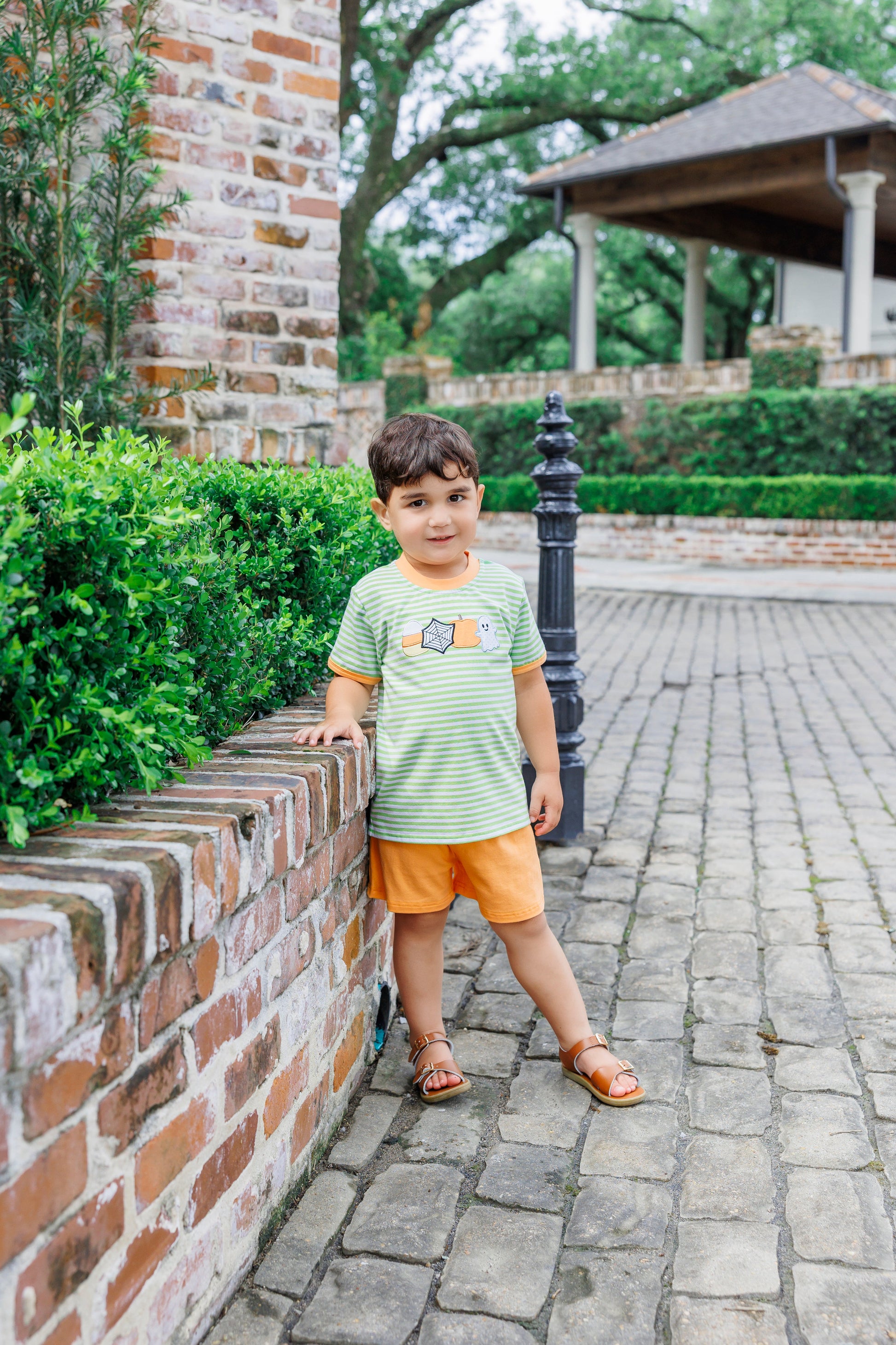 Trotter Street Kids Boys Orange Shorts with Green Halloween Shirt