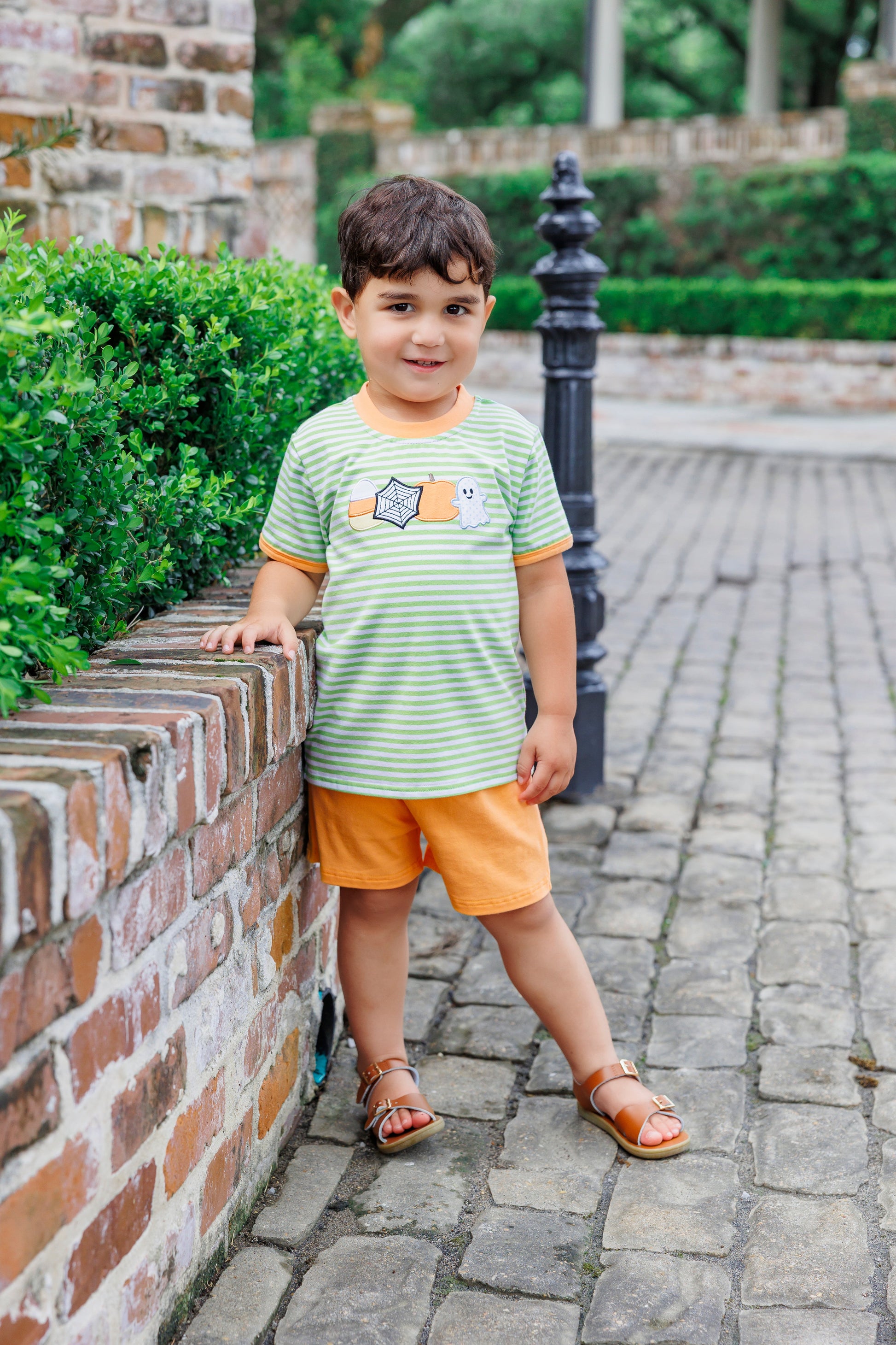 Trotter Street Kids Boys Orange Shorts with Green Halloween Shirt
